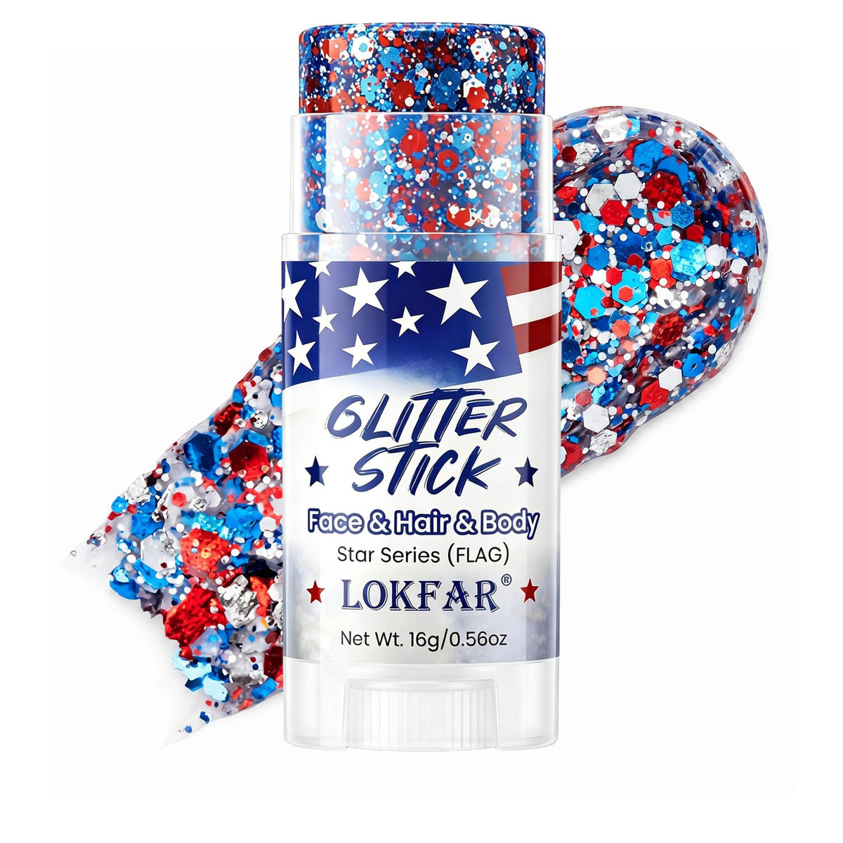TOSOUATOP front packaging showing three patriotic glitter sticks for convenience