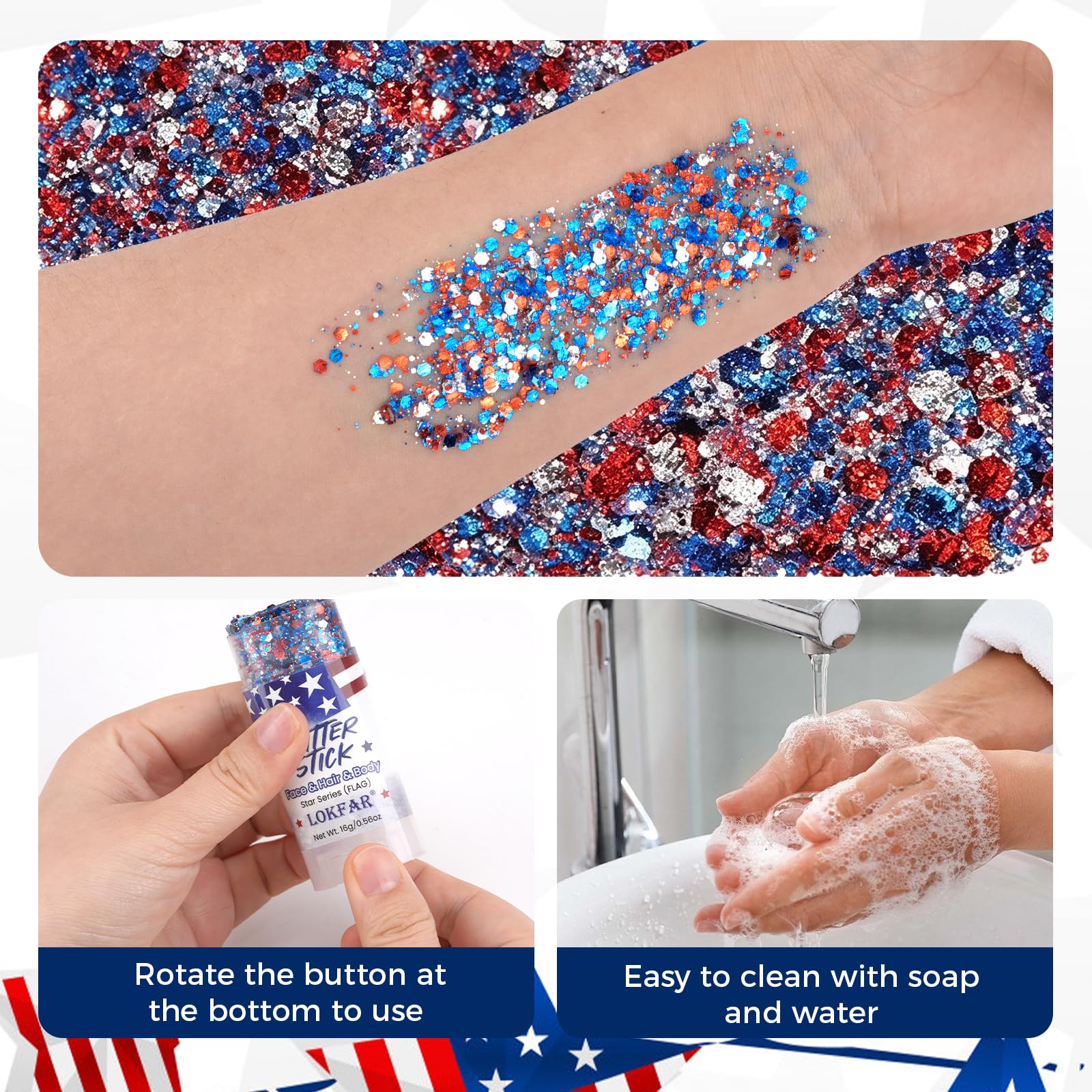 TOSOUATOP hair streak demo adding bold red, white and blue highlights