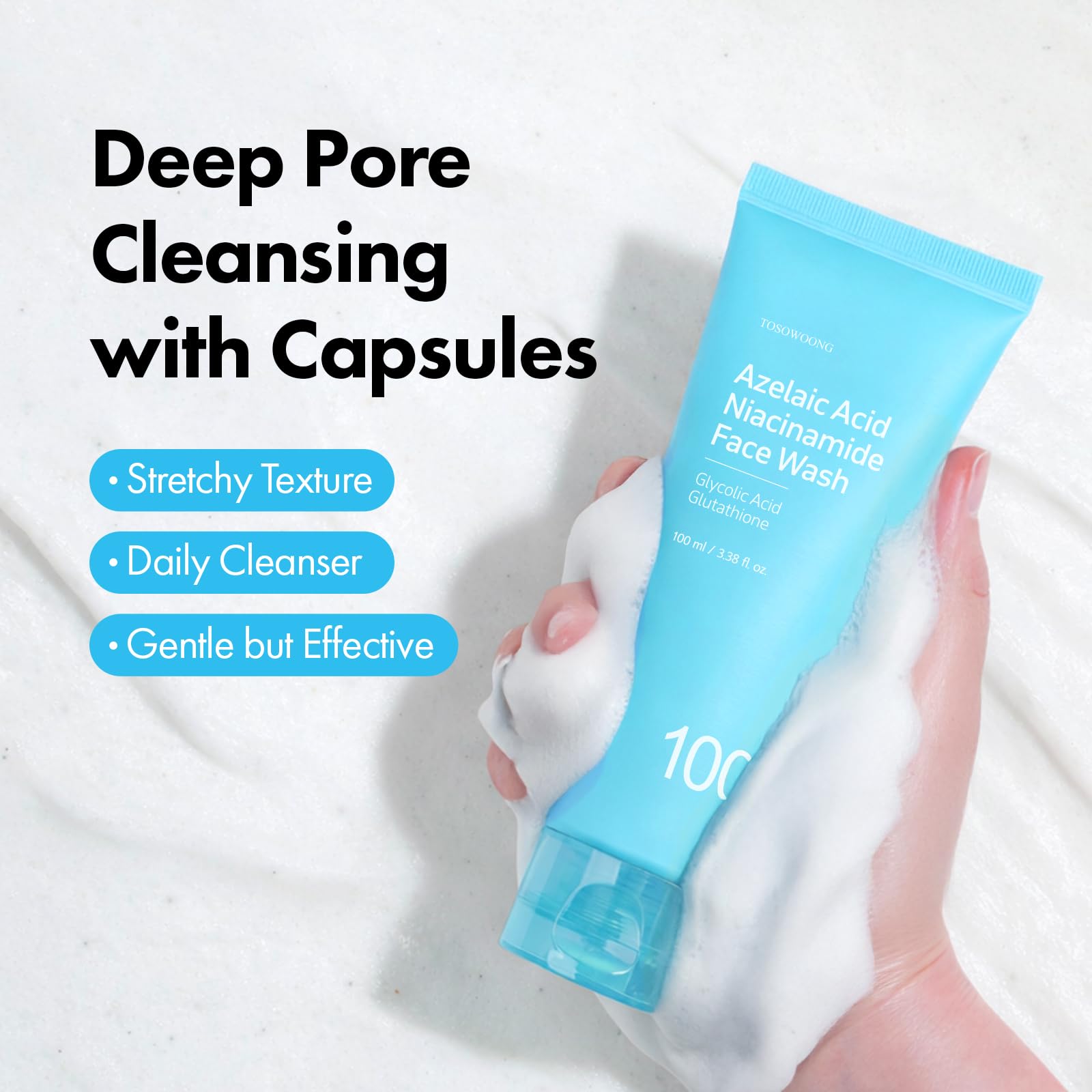 TOSOWOONG ingredient label highlighting 99% azelaic acid and niacinamide
