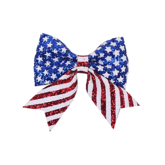 Totelux front view of patriotic bow showing flag pattern and sparkle for festive style