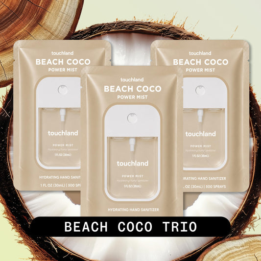 Touchland Beach Coco three 1 fl oz bottles aligned for portability benefit