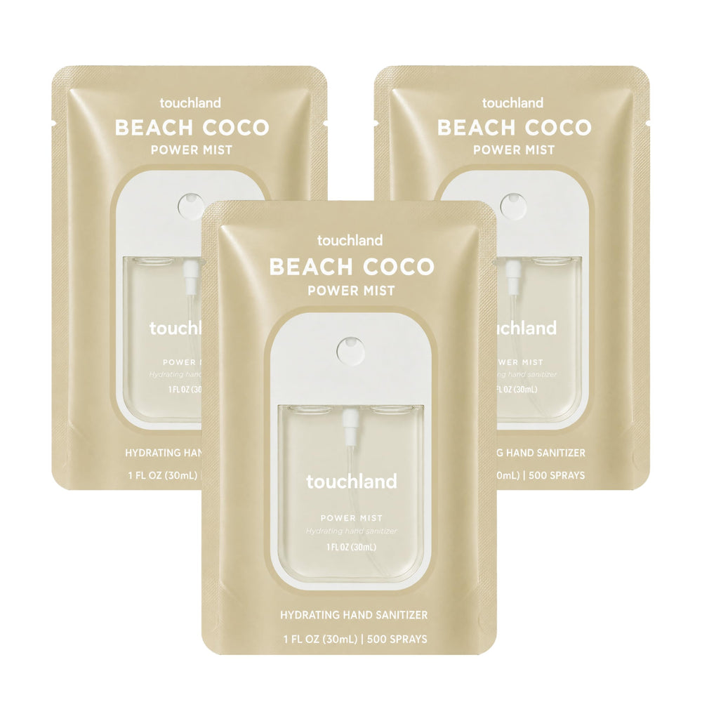 Touchland Beach Coco front packaging showing trio and benefits