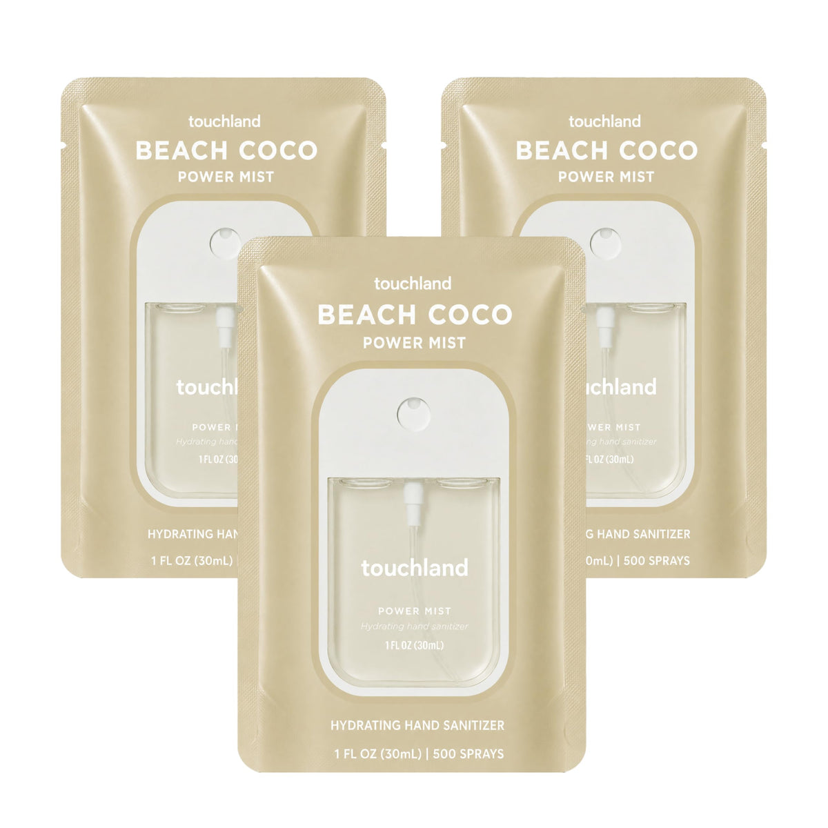 Touchland Beach Coco front packaging showing trio and benefits
