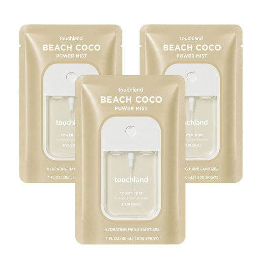 Touchland Beach Coco front packaging showing trio and benefits