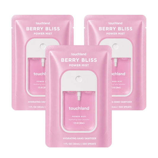 Touchland front packaging showing three Berry Bliss travel mists and clear benefit