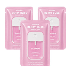 Touchland front packaging showing three Berry Bliss travel mists and clear benefit