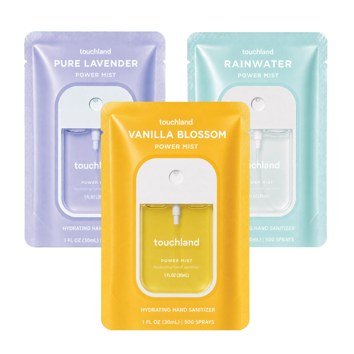 Touchland front packaging showing three 1 fl oz Blossom Trio bottles for easy carrying