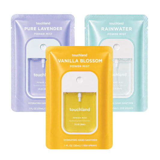 Touchland front packaging showing three 1 fl oz Blossom Trio bottles for easy carrying