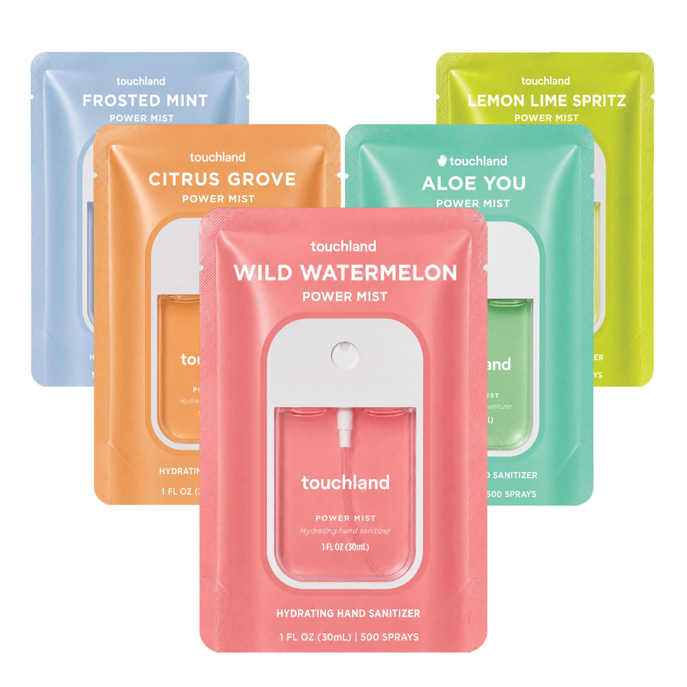Touchland front packaging showing five travel-size mists and brand clarity