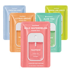Touchland front packaging showing five travel-size mists and brand clarity