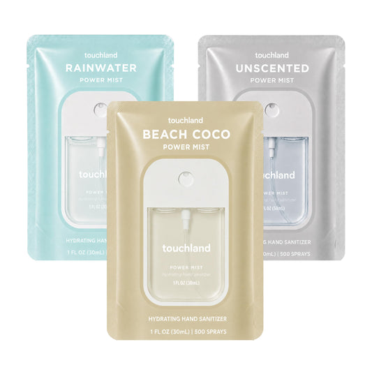 Touchland front packaging dye free trio showing bottles and branding, portable convenience