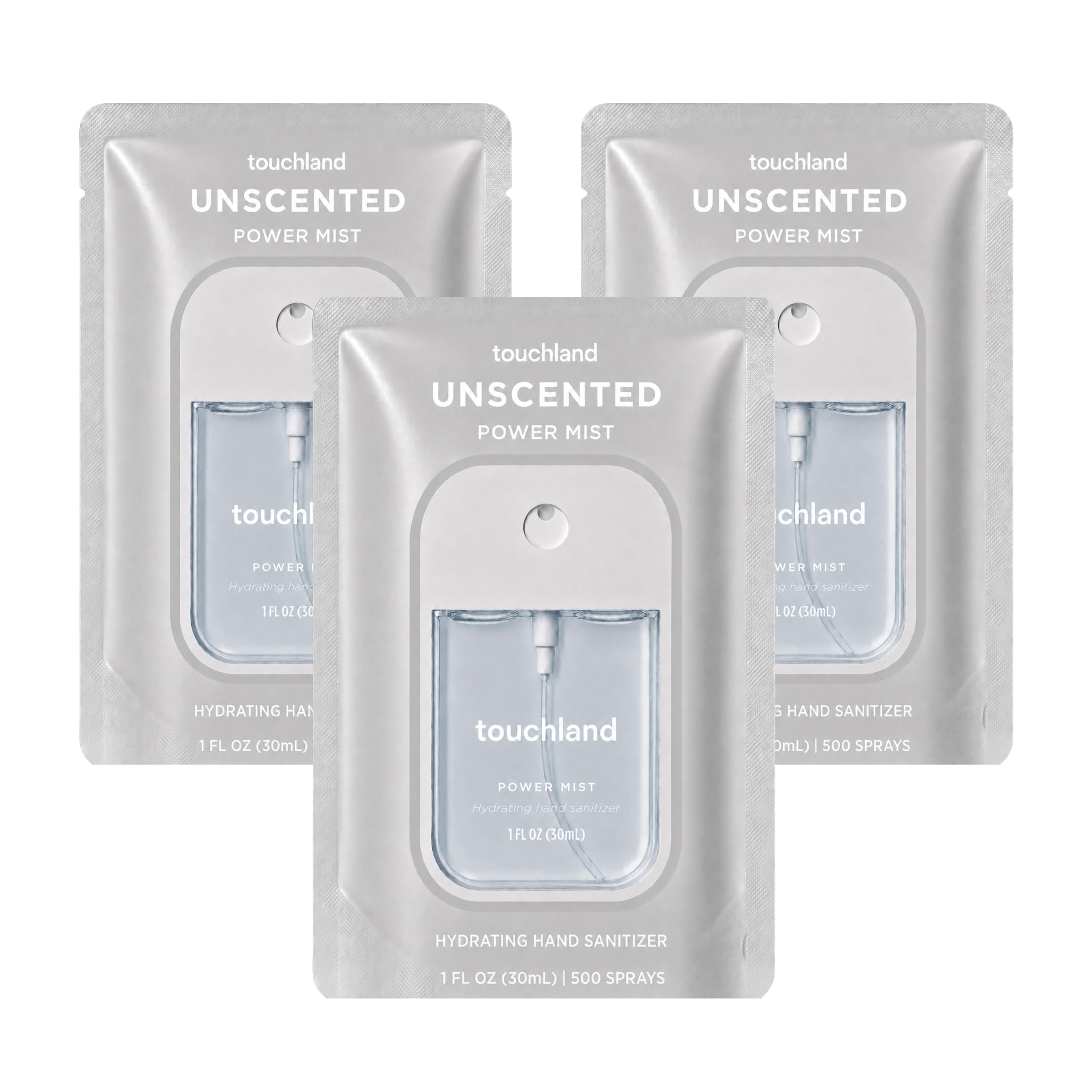 Touchland front packaging unscented trio showing compact bottles and portability benefit