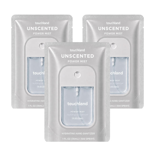 Touchland front packaging unscented trio showing compact bottles and portability benefit