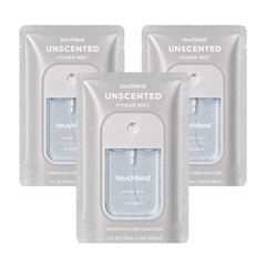 Touchland front packaging unscented trio showing compact bottles and portability benefit
