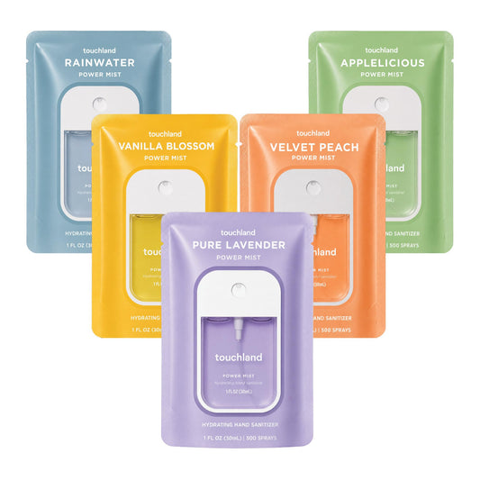 Touchland front packaging showing five scented travel mists, convenience benefit