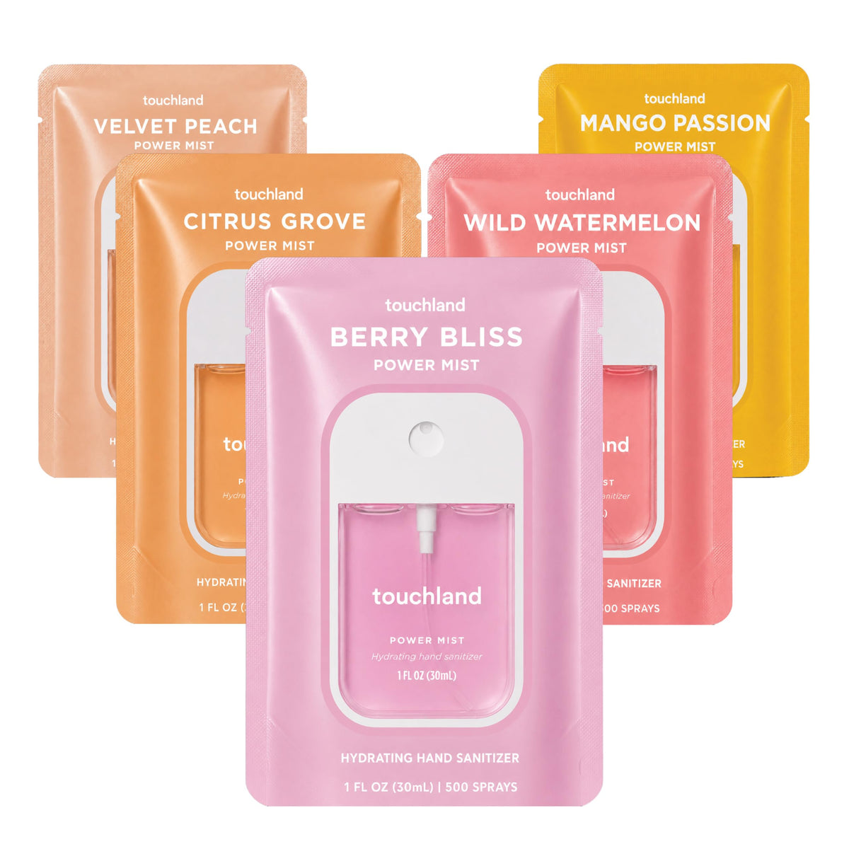 Touchland front packaging showing five travel-size sprays and bright branding for convenience