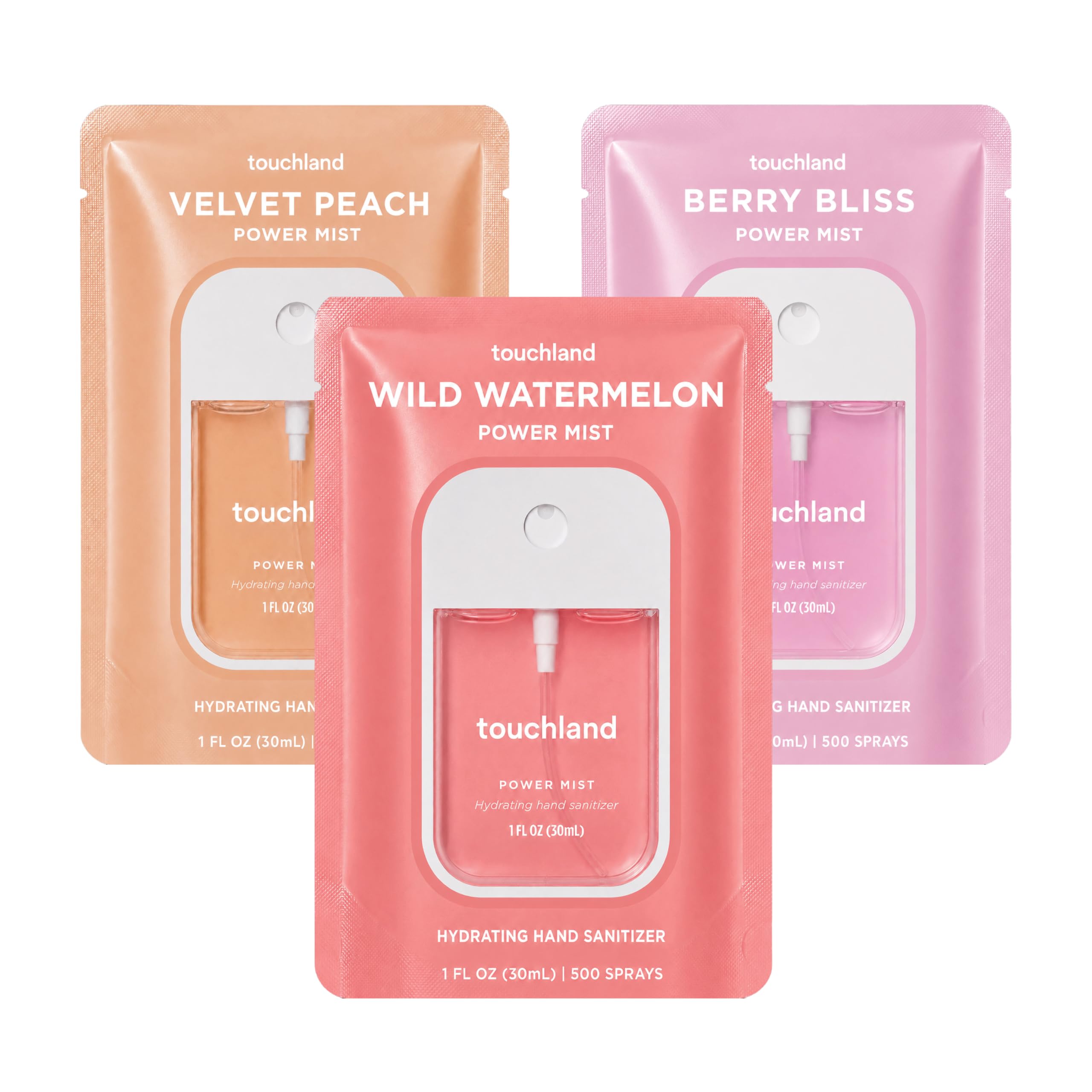Touchland front packaging showing three colorful travel mists and portability benefit
