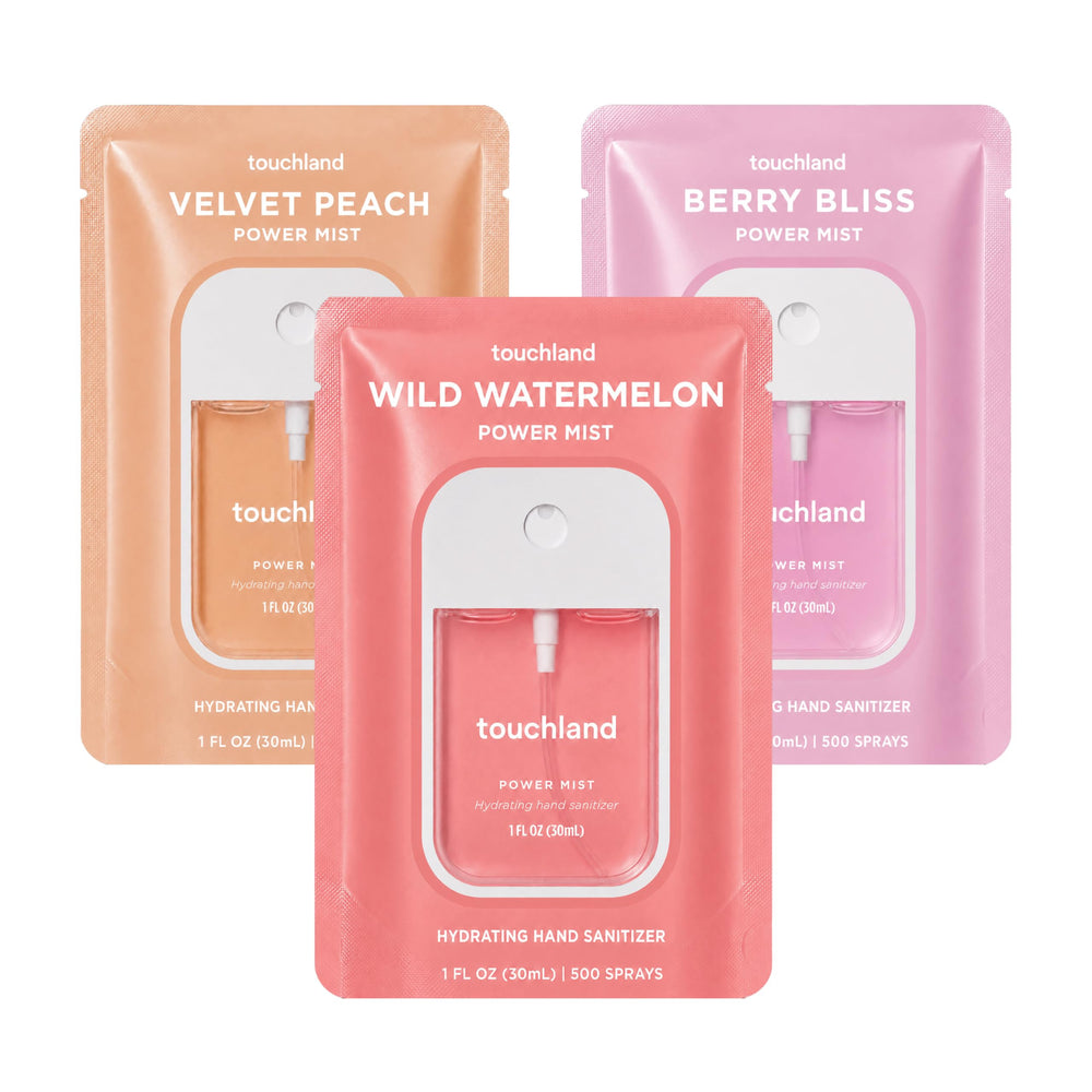 Touchland front packaging showing three colorful travel mists and portability benefit