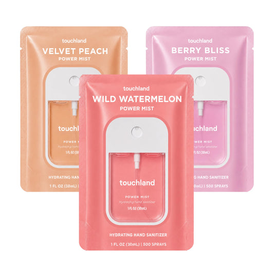 Touchland front packaging showing three colorful travel mists and portability benefit