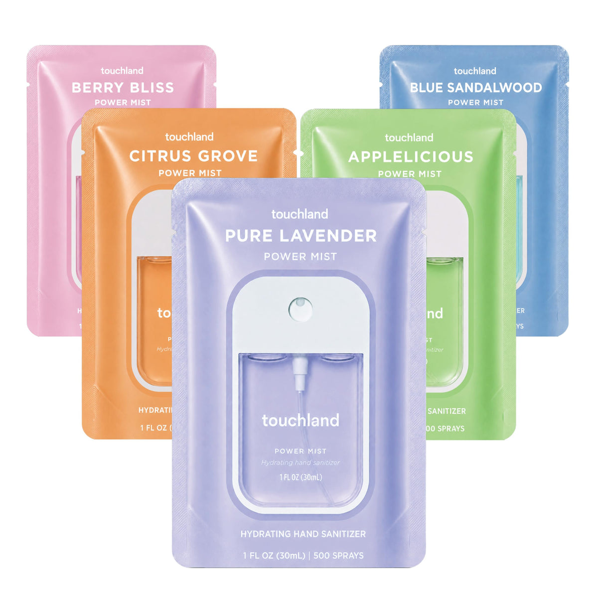 Touchland front packaging showing five travel sanitizer mists and benefits