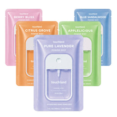 Touchland front packaging showing five travel sanitizer mists and benefits