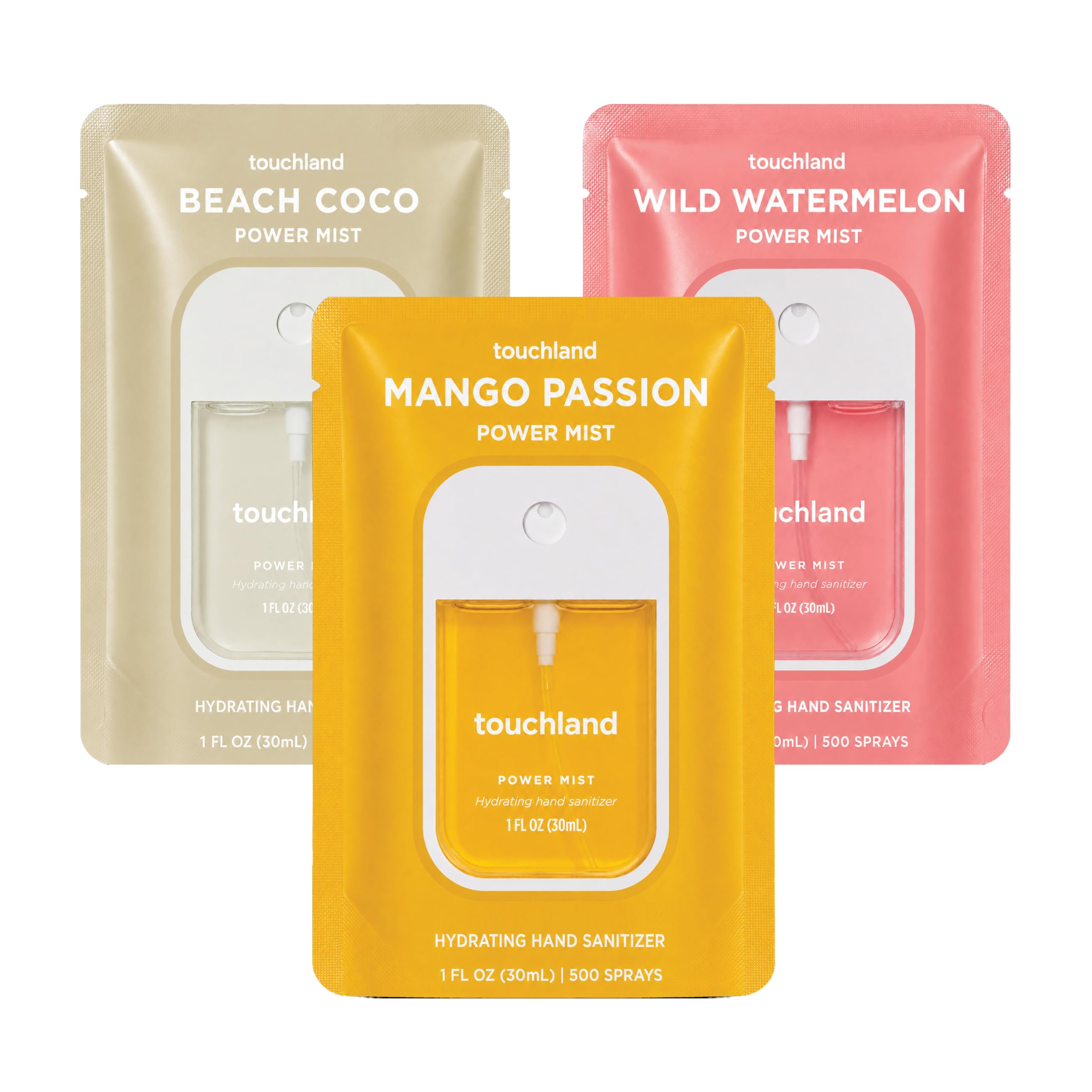 Touchland front packaging showing three tropical scent mists for easy travel