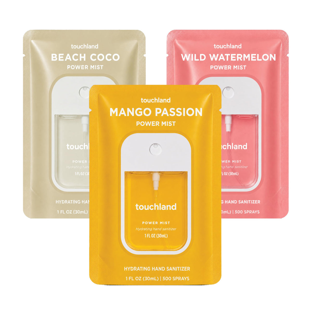 Touchland front packaging showing three tropical scent mists for easy travel
