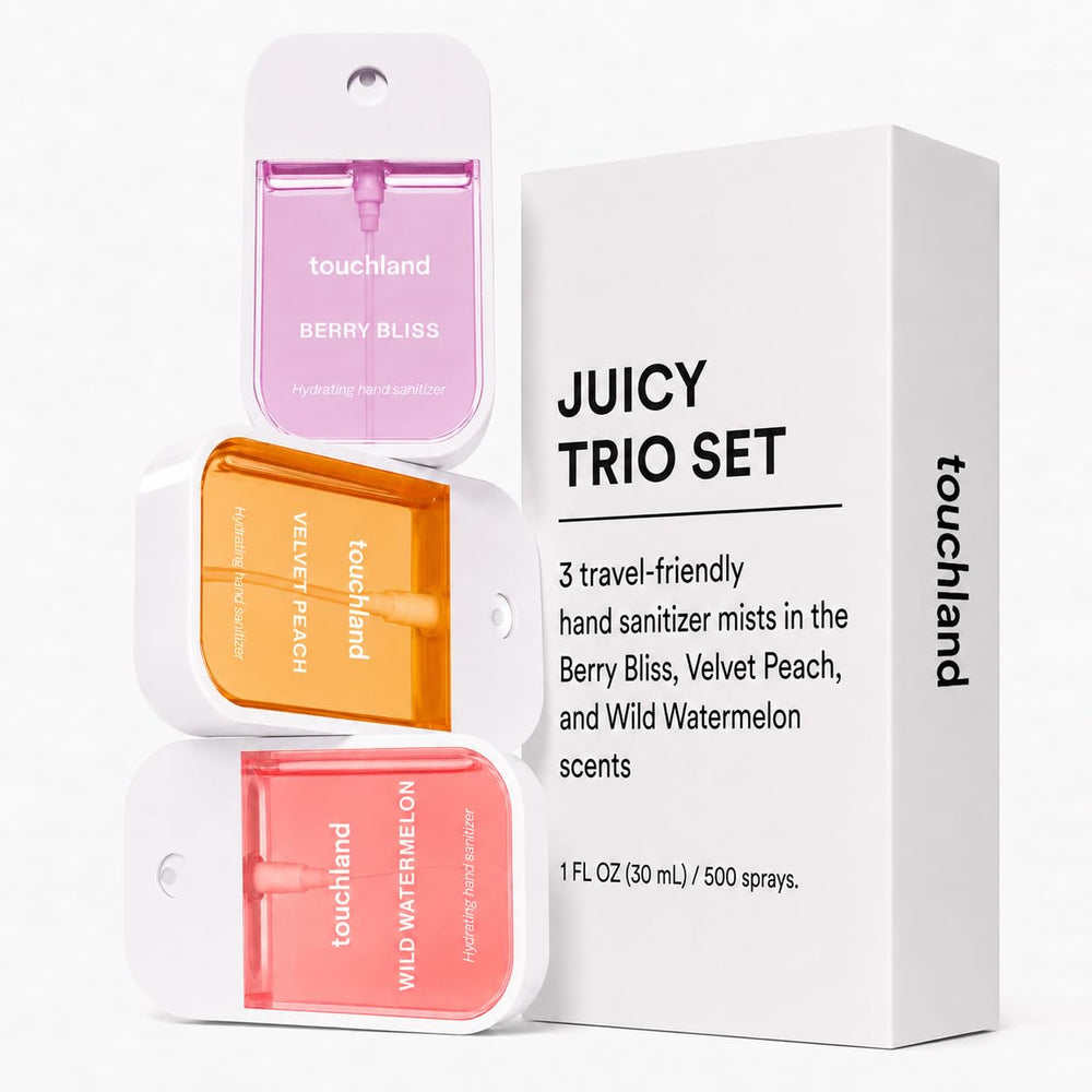 Touchland Velvet Peach bottle angled to show texture and gentle skin conditioning