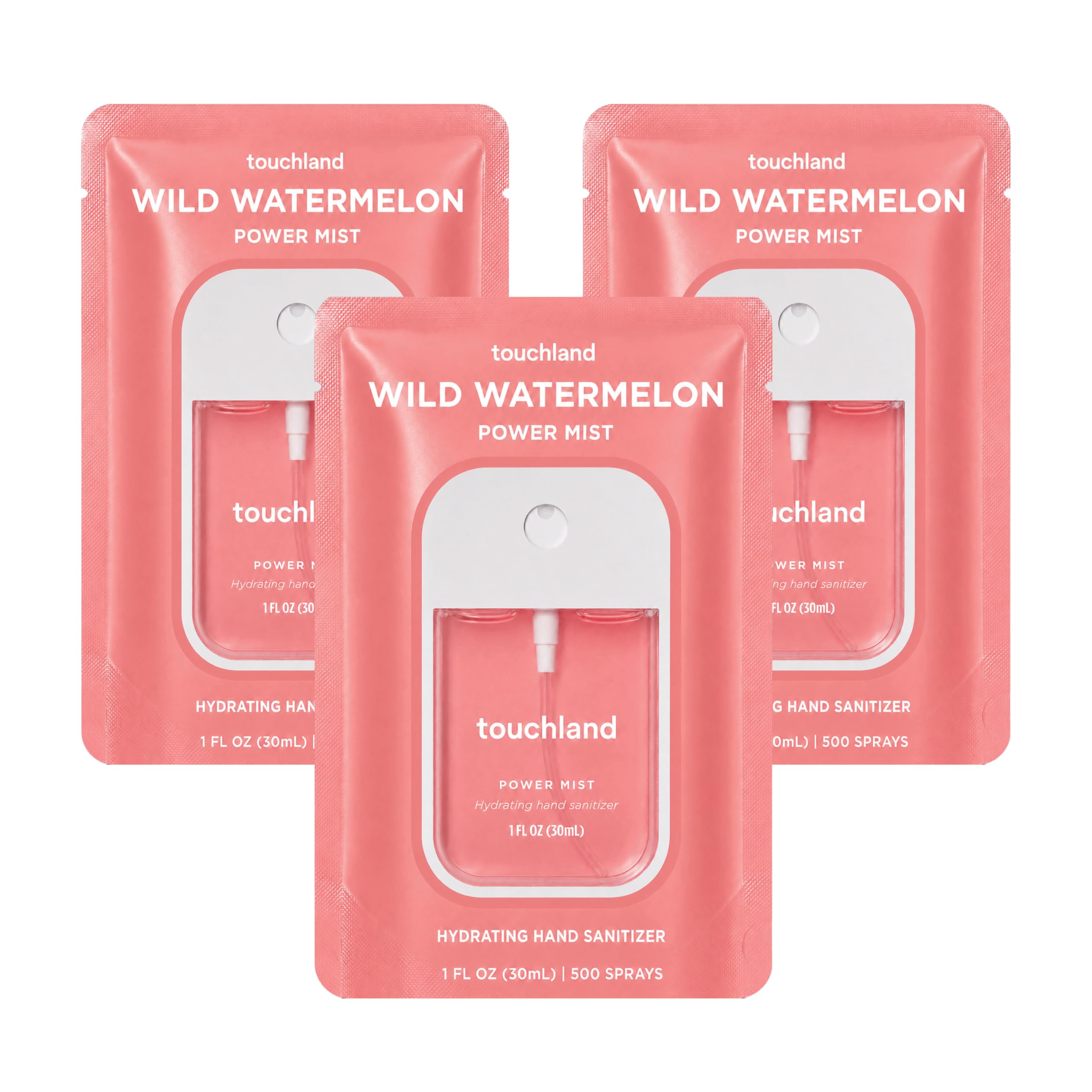 Touchland bottle front packaging shows Wild Watermelon scent and travel size benefit