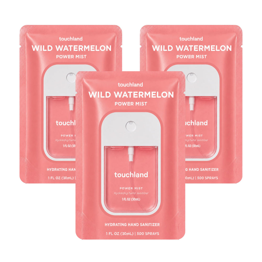Touchland bottle front packaging shows Wild Watermelon scent and travel size benefit