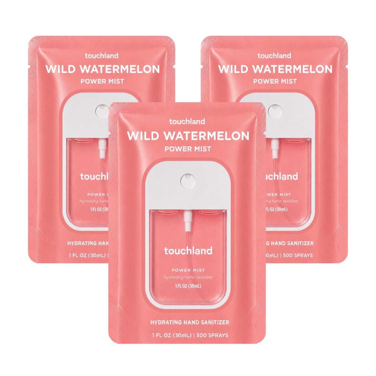 Touchland bottle front packaging shows Wild Watermelon scent and travel size benefit