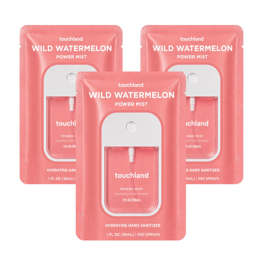Touchland bottle front packaging shows Wild Watermelon scent and travel size benefit