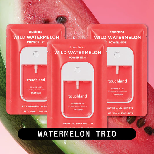 Three Touchland Wild Watermelon bottles lined up highlighting trio convenience