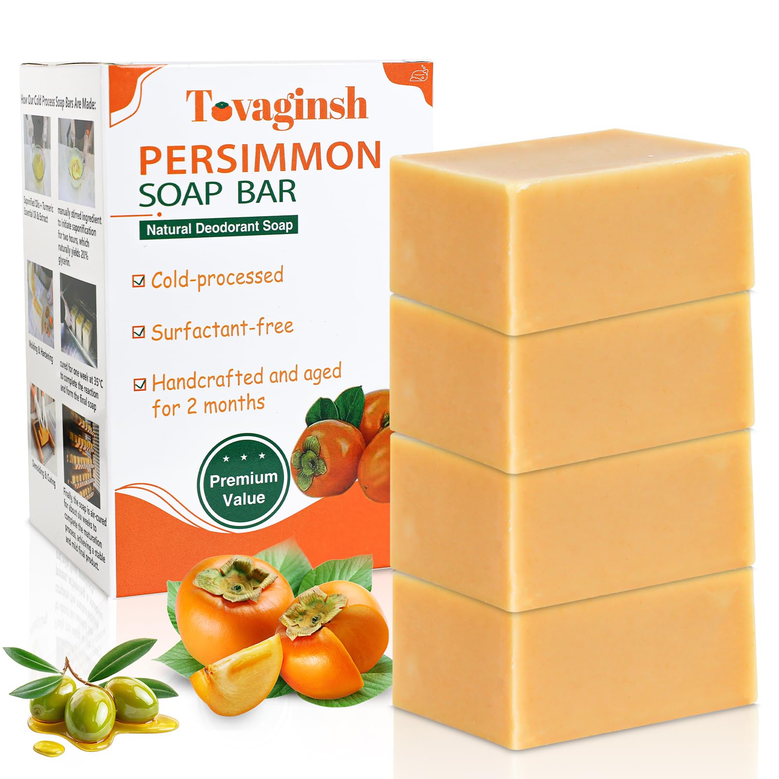 tovaginsh front packaging showing four individually wrapped persimmon soap bars for freshness