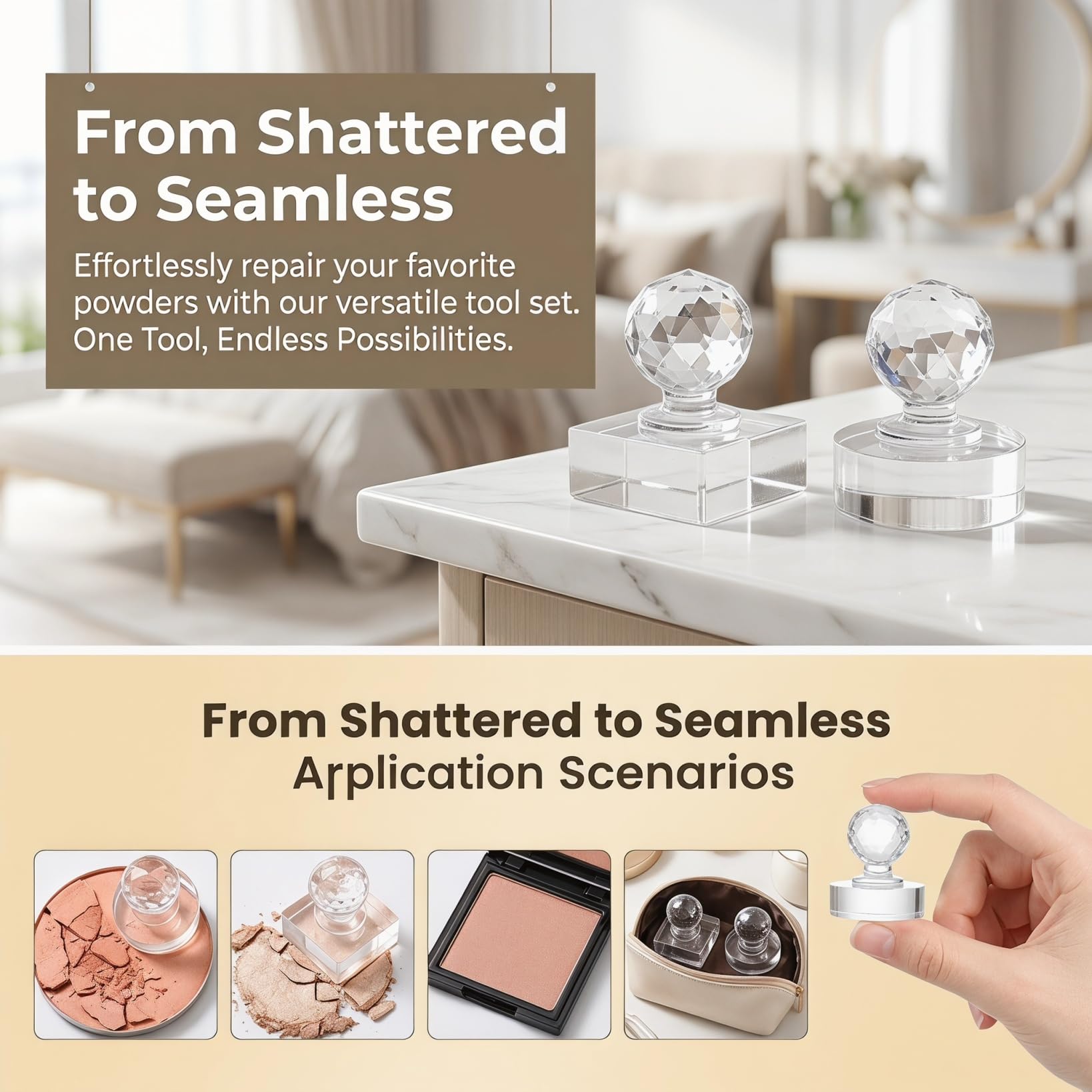 TOVINANNA tool pressing loose eyeshadow into pan demonstrating quick repair