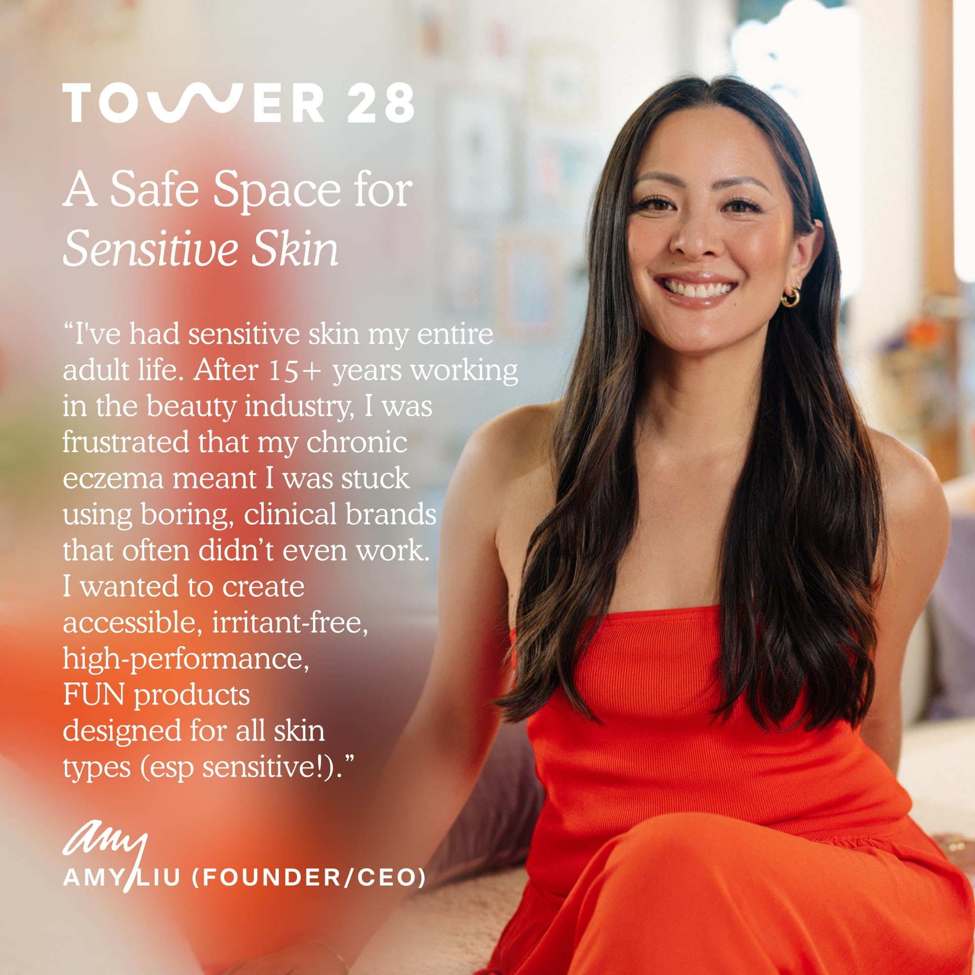 Tower 28 woman spritzing face demonstrating redness-reducing comfort