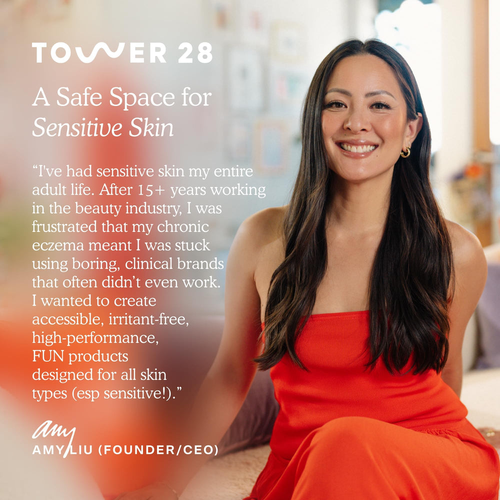 Tower 28 woman spritzing face demonstrating redness-reducing comfort