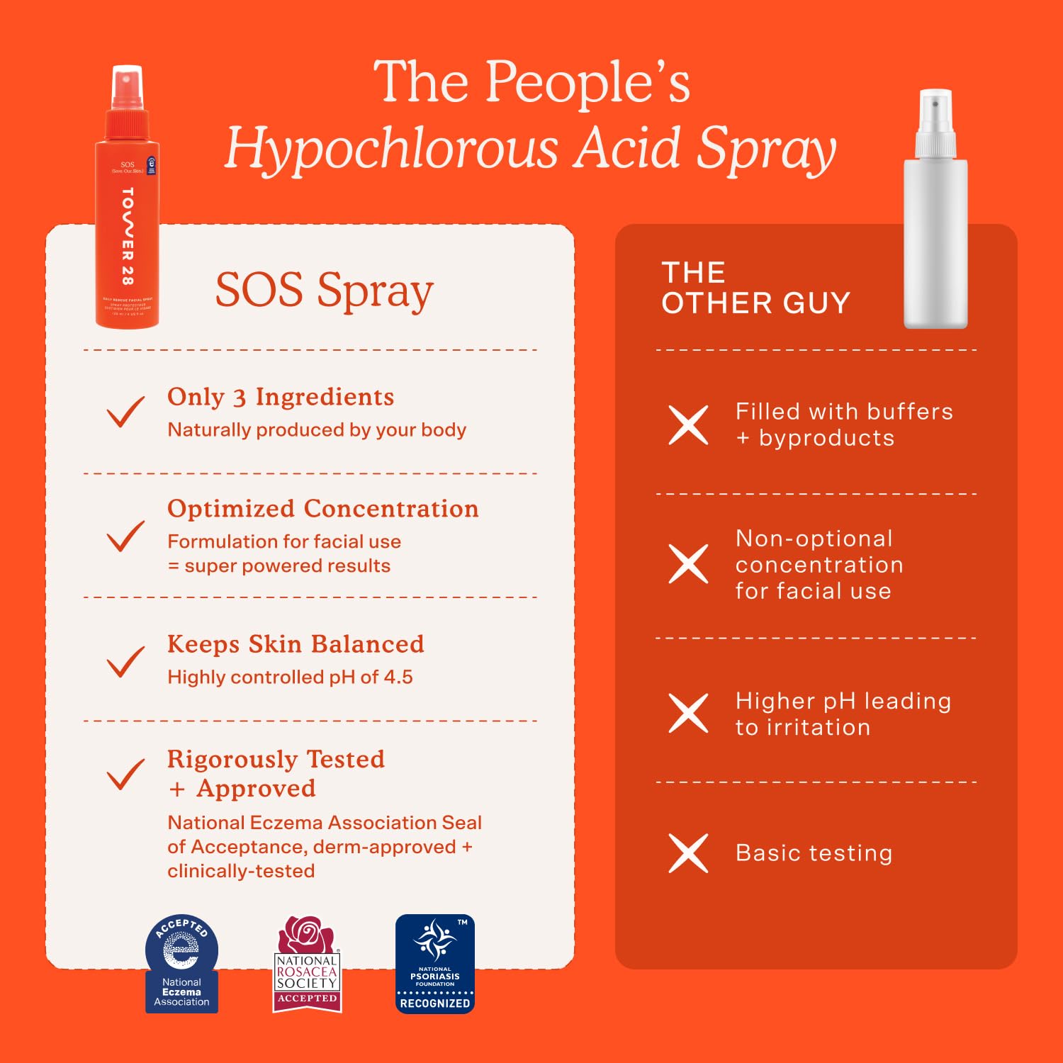 Tower 28 ingredient label close-up highlighting hypochlorous acid and pH-balanced formula