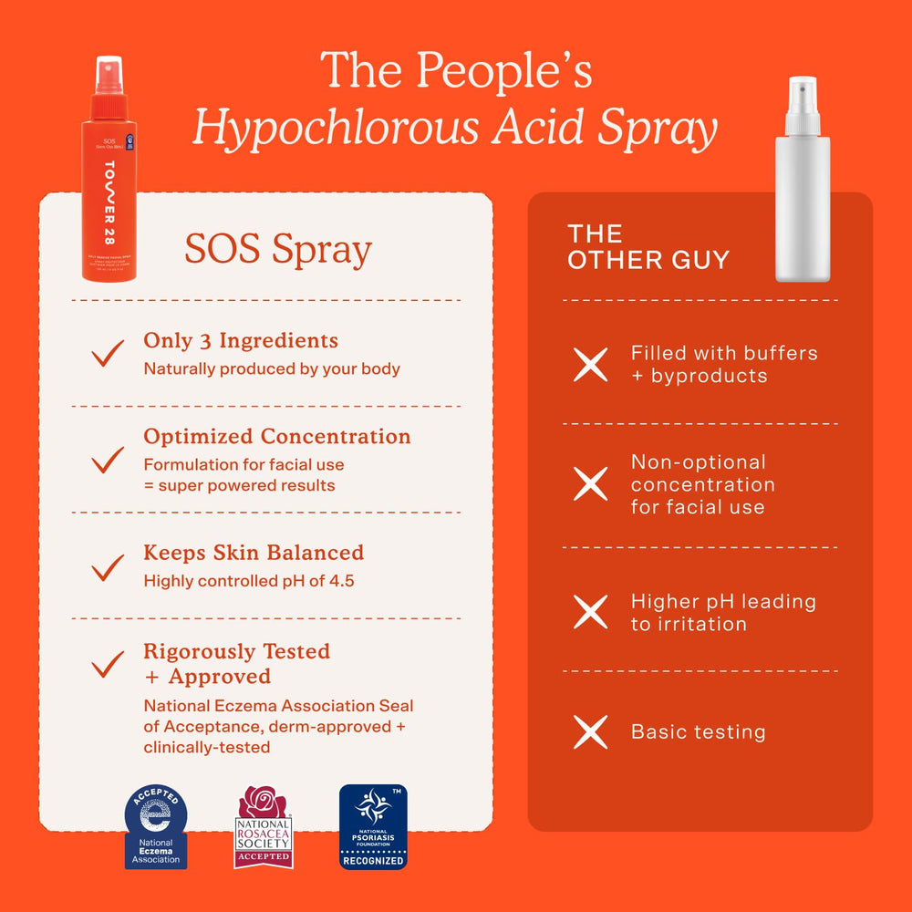 Tower 28 ingredient label close-up highlighting hypochlorous acid and pH-balanced formula