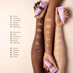 Tower 28 blended with makeup brush illustrating buildable medium coverage