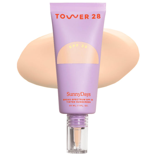 Tower 28 front packaging shows SunnyDays SPF 30, protects while evening tone