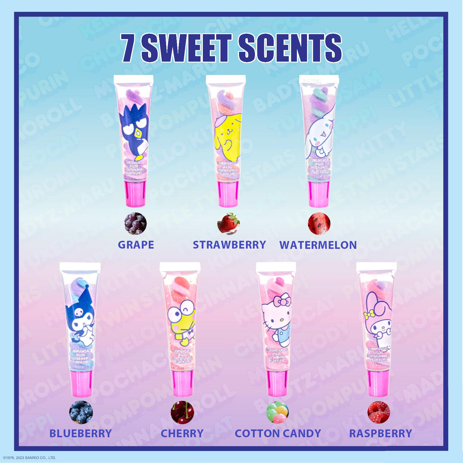 Townley Girl seven glosses laid out displaying scent variety and color choice