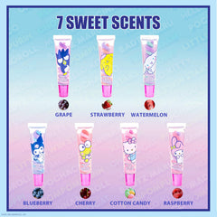 Townley Girl seven glosses laid out displaying scent variety and color choice