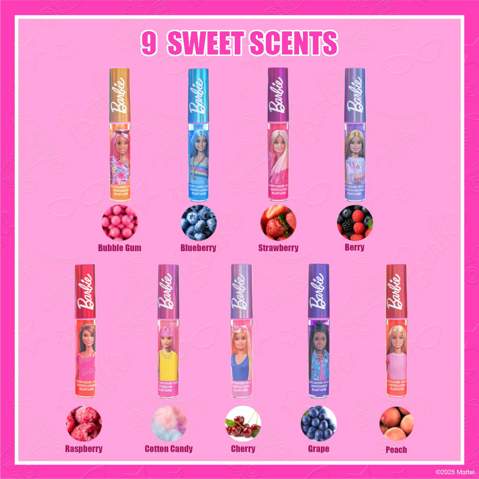 Townley Girl nine lip glosses laid out to show colors and variety, easy sharing