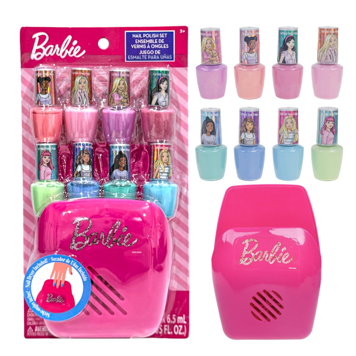 Townley Girl Barbie front packaging showing colors and dryer, ideal for safe play