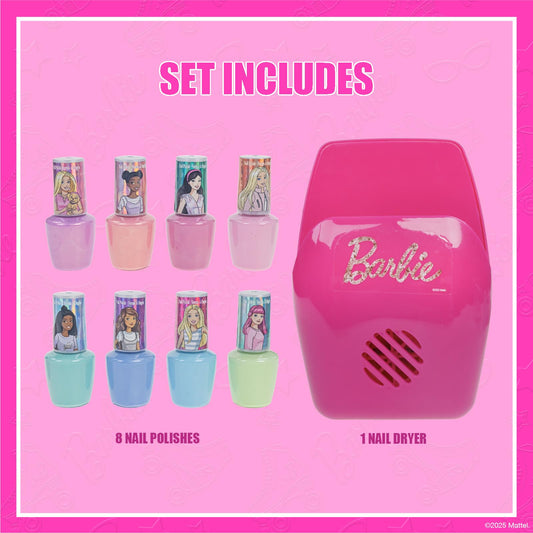 Townley Girl Barbie eight polish bottles arranged, clear color choices for imaginative styling