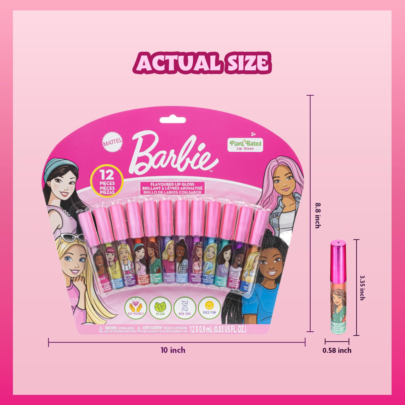 Townley Girl Barbie lip gloss held in hand for size comparison, perfect little-fingers fit