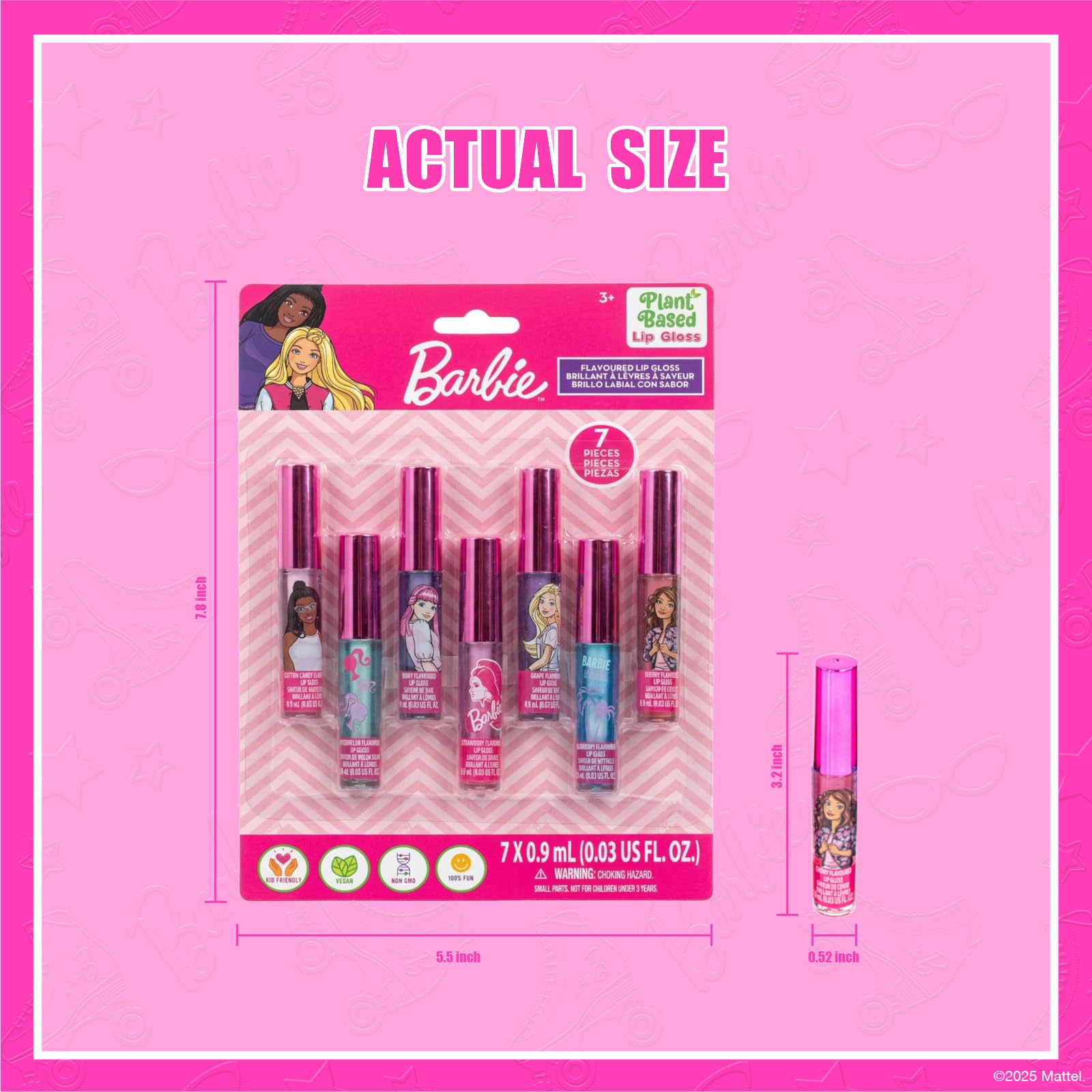 Townley Girl Barbie lip gloss next to a toy for scale to show compact, kid-friendly size