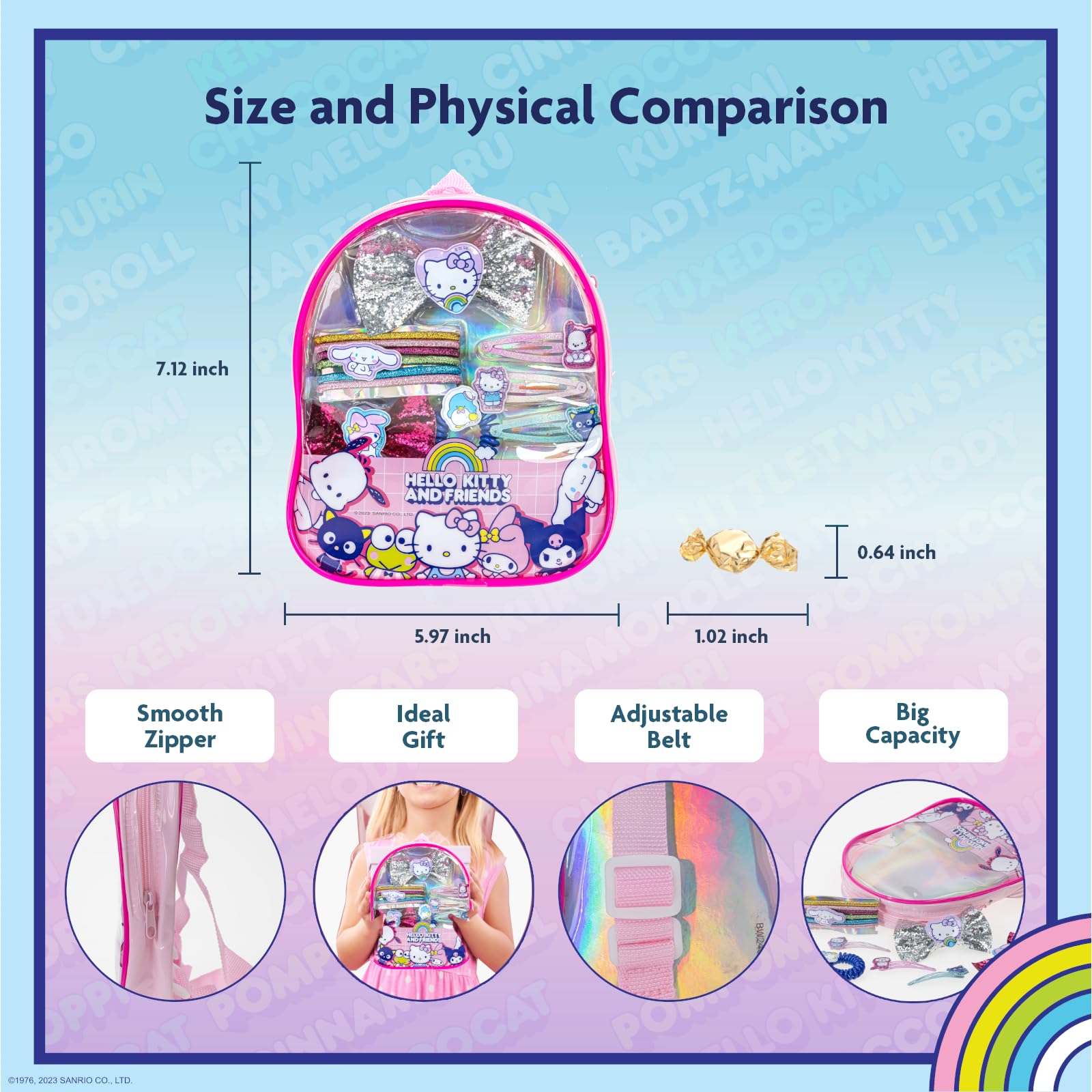 Townley Girl clear PVC pouch front with Hello Kitty print for visible, portable storage