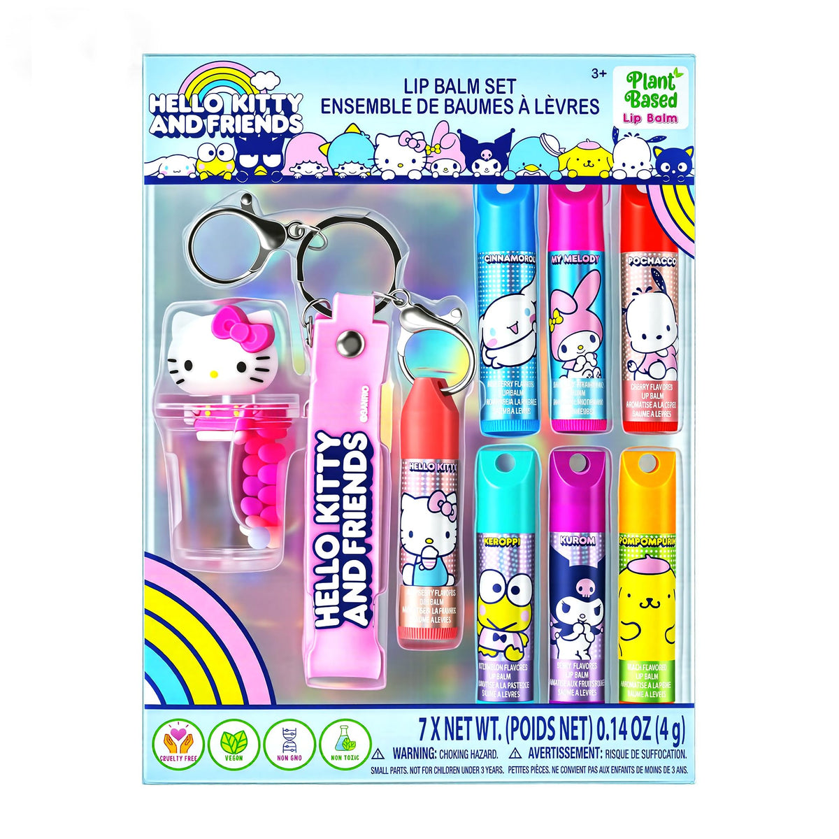 Townley Girl front packaging showing seven Hello Kitty lip balms and keychain benefit portability